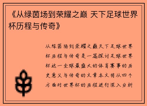 《从绿茵场到荣耀之巅 天下足球世界杯历程与传奇》
